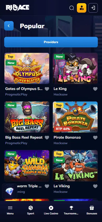 Rioace Casino mobile games area with mobile-optimised casino titles