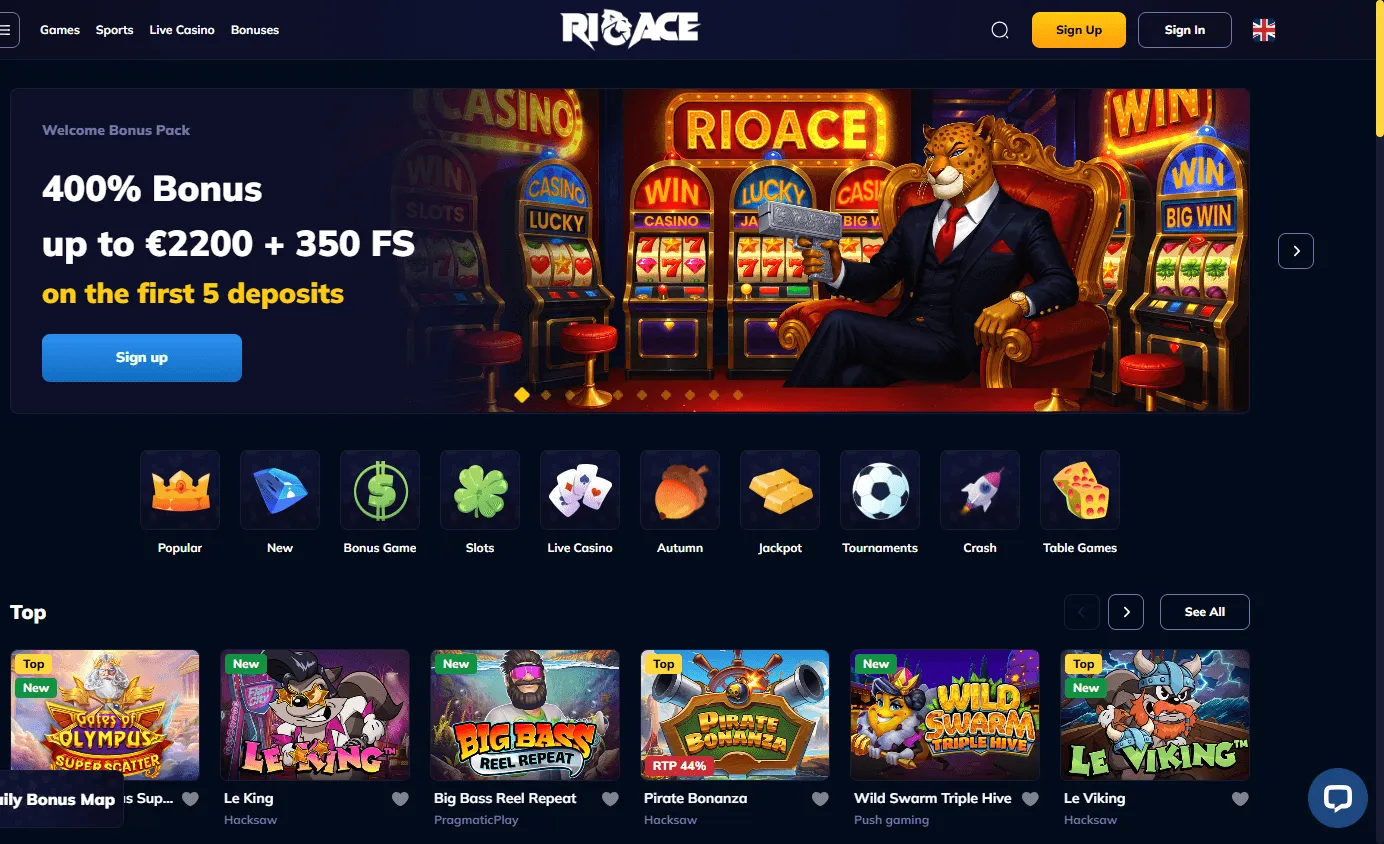Rioace Casino desktop home screen with casino account and promotional access