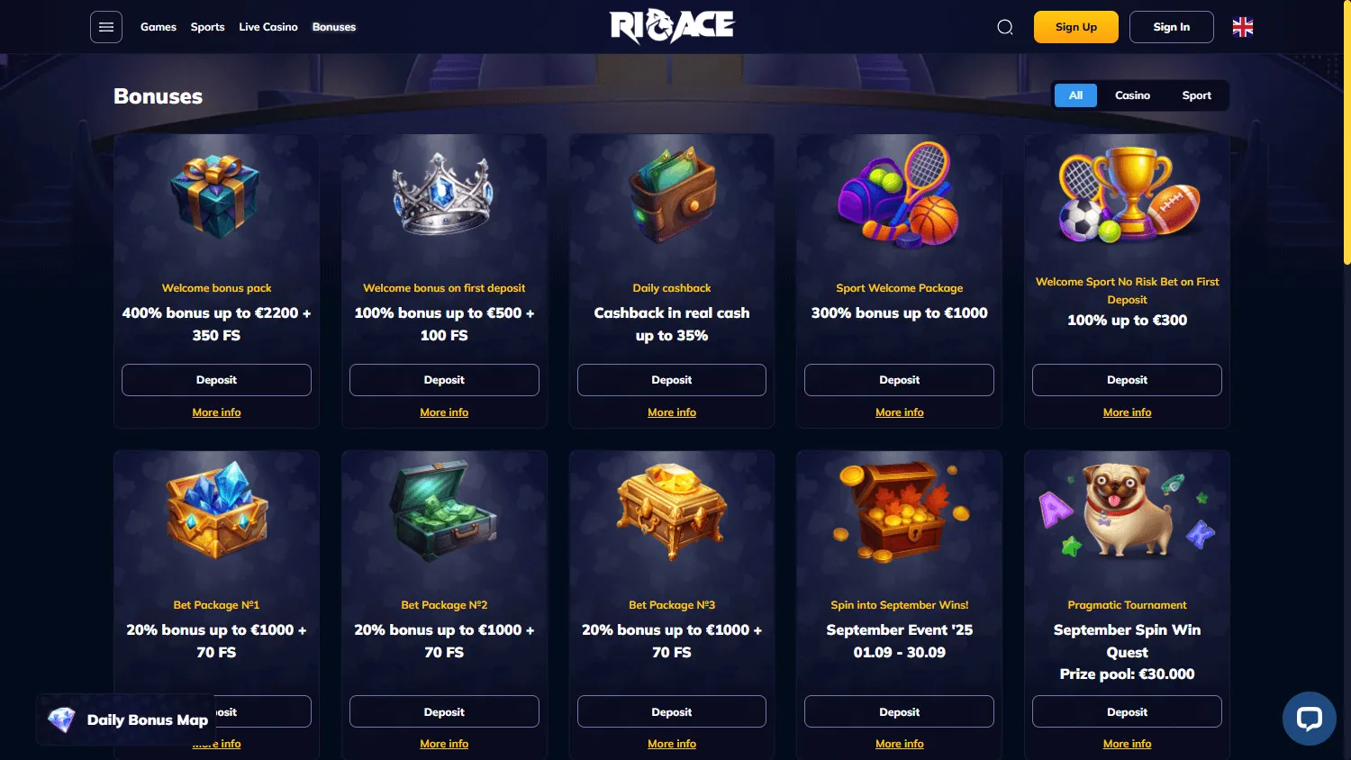 Rioace Casino desktop promotions area with welcome and ongoing offers
