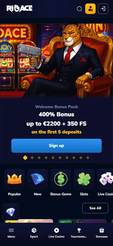 Rioace Casino mobile home screen with account and casino access
