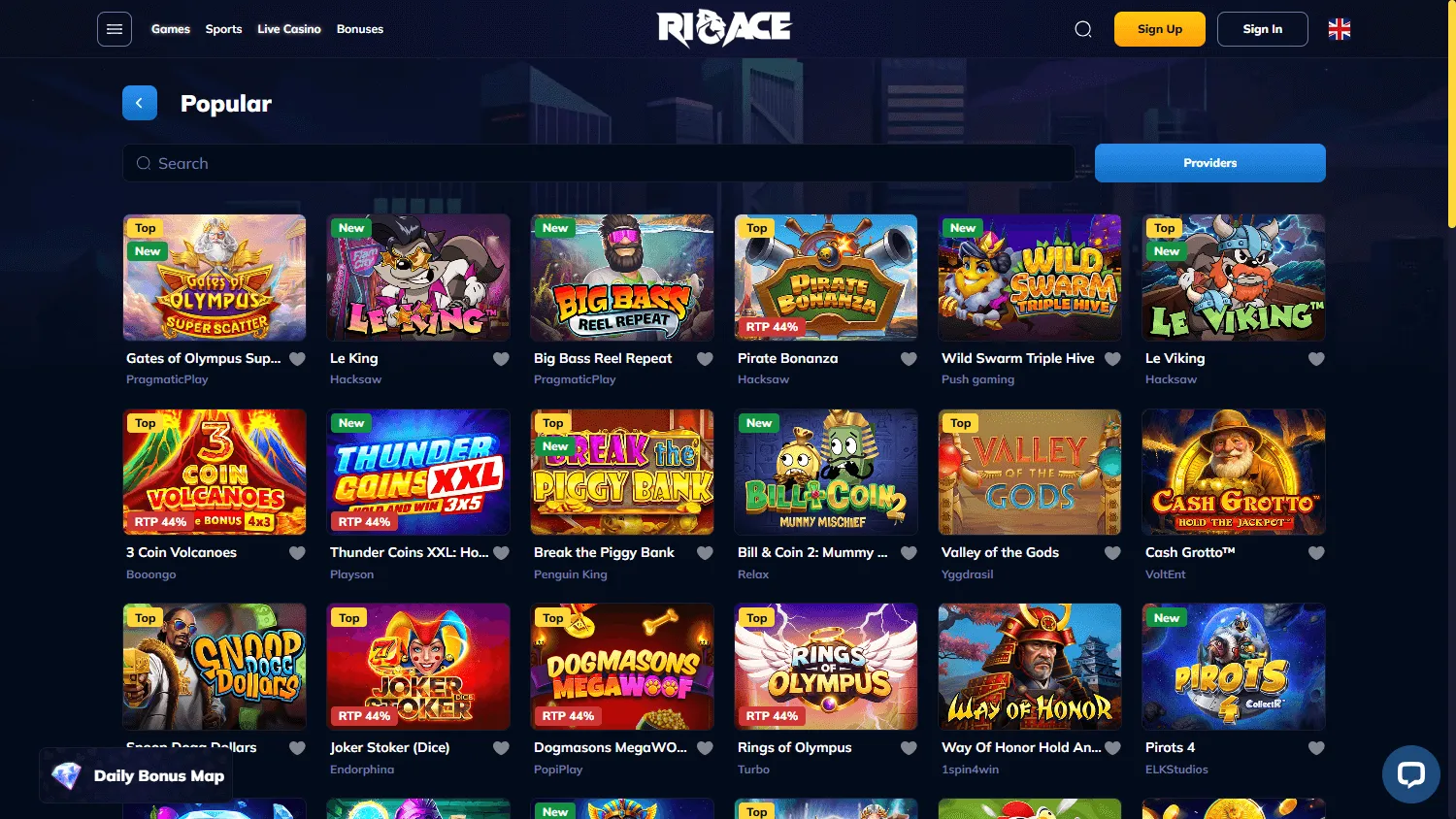 Rioace Casino desktop games area with casino categories and game choices