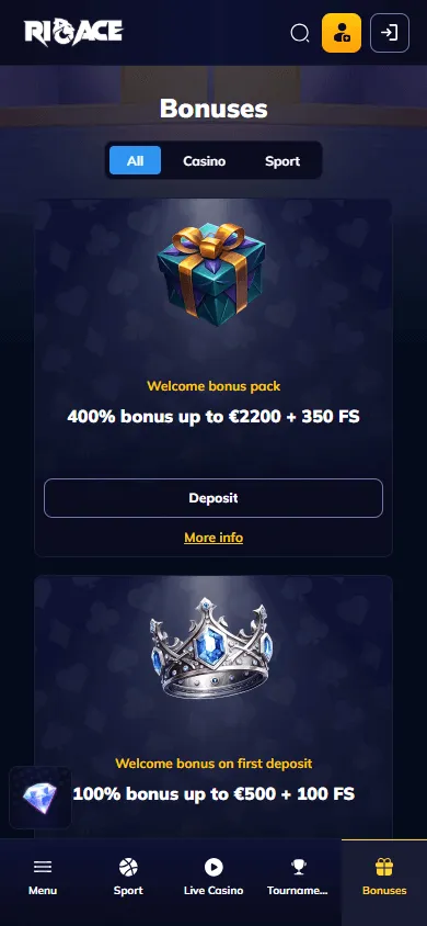 Rioace Casino mobile promotions area with bonus and promotional features